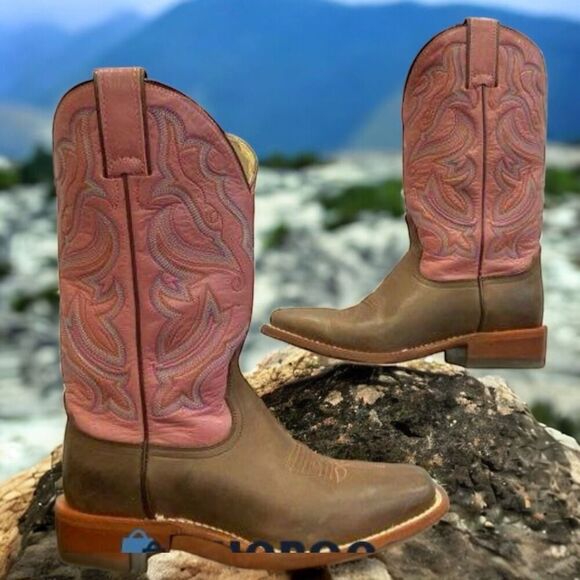 Nocona Burnished Choc. Cow/Pink Goat Leather Square Toe Western Boot Women 6.5B - Picture 1 of 6